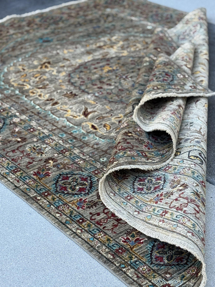 6x8 Handmade Afghan Wool Rug | Taupe and Beige Floral Medallion Area Rug | Muted Gold, Rose and Mint Accents | Hand-Knotted