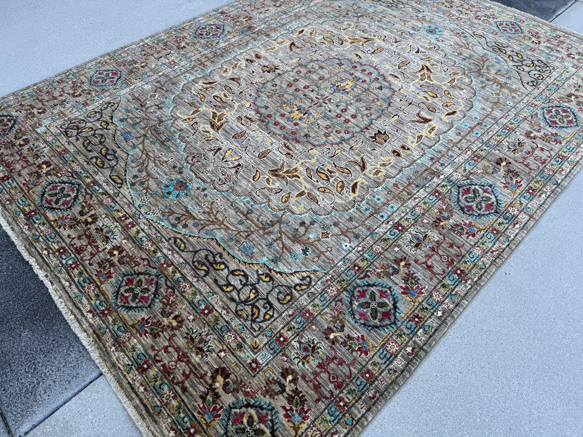6x8 Handmade Afghan Wool Rug | Taupe and Beige Floral Medallion Area Rug | Muted Gold, Rose and Mint Accents | Hand-Knotted