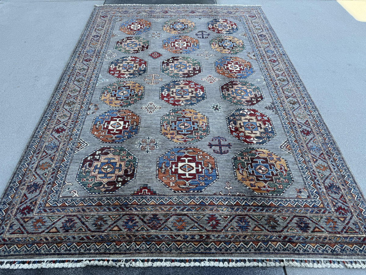 6x9 Handmade Afghan Wool Rug | Slate Grey Tribal Medallion Area Rug | Burgundy, Navy and Gold Accents | Hand-Knotted Carpet