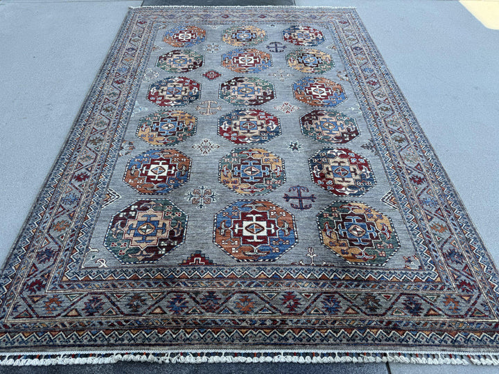 6x9 Handmade Afghan Wool Rug | Slate Grey Tribal Medallion Area Rug | Burgundy, Navy and Gold Accents | Hand-Knotted Carpet