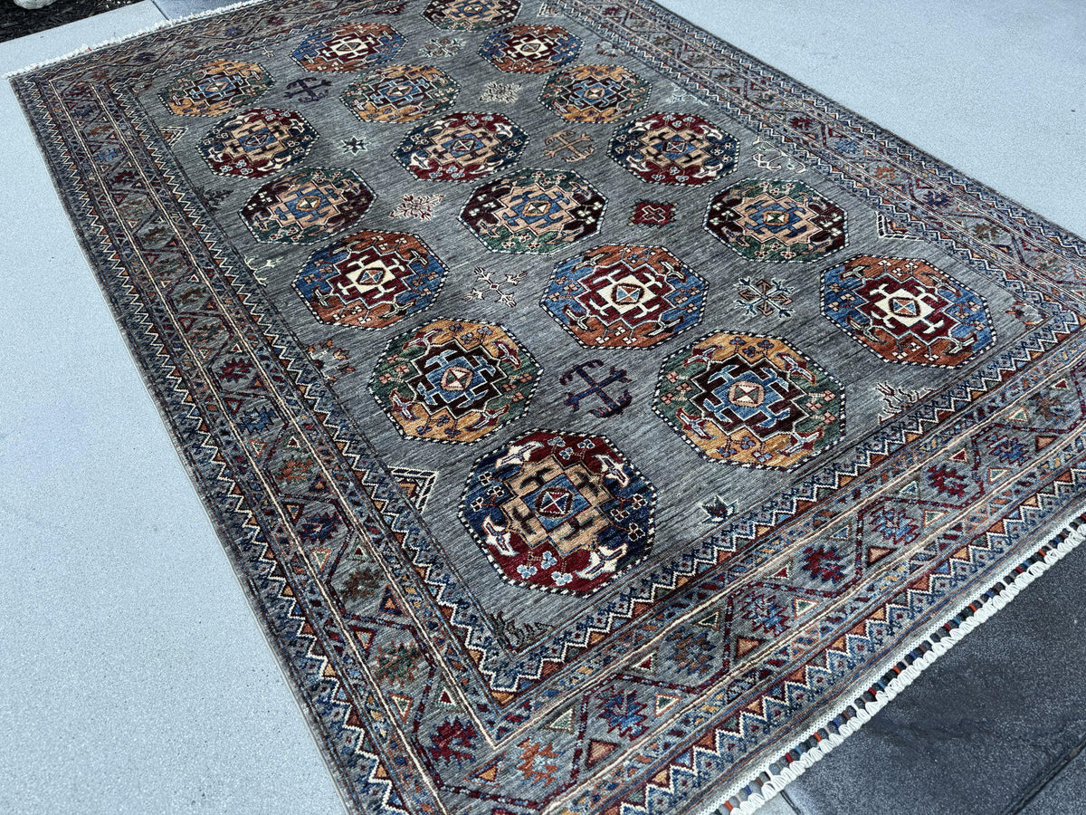 6x9 Handmade Afghan Wool Rug | Slate Grey Tribal Medallion Area Rug | Burgundy, Navy and Gold Accents | Hand-Knotted Carpet