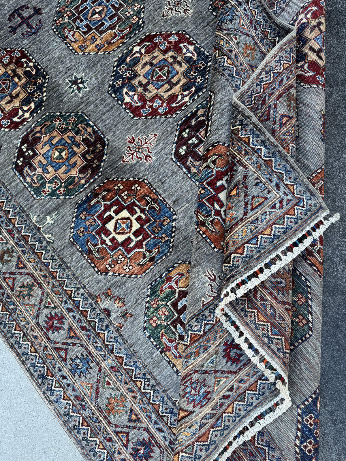 6x9 Handmade Afghan Wool Rug | Slate Grey Tribal Medallion Area Rug | Burgundy, Navy and Gold Accents | Hand-Knotted Carpet