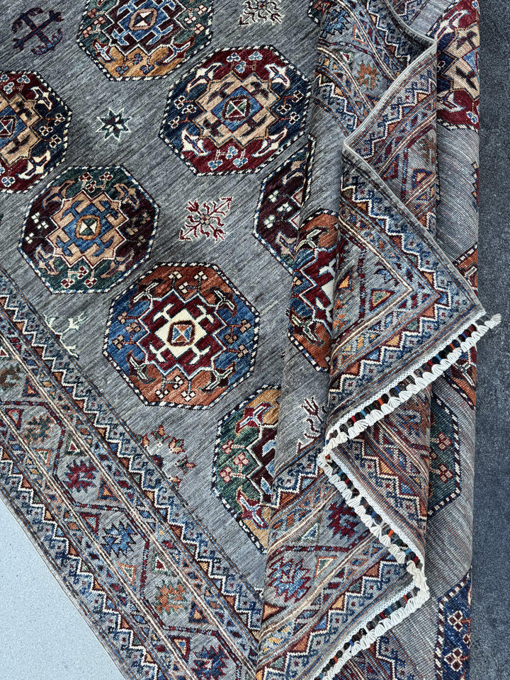 6x9 Handmade Afghan Wool Rug | Slate Grey Tribal Medallion Area Rug | Burgundy, Navy and Gold Accents | Hand-Knotted Carpet