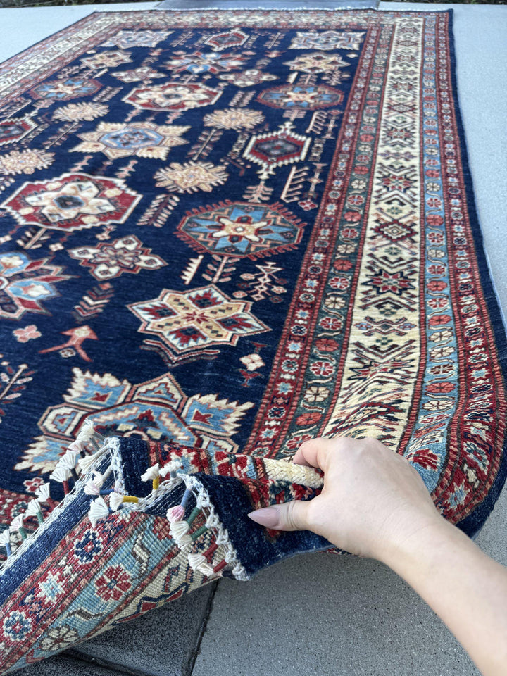 7x10 Handmade Afghan Wool Rug | Navy Blue and Ivory Kazak Geometric Area Rug | Brick Red Accents | Hand-Knotted Tribal Carpet