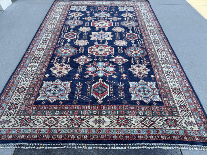 7x10 Handmade Afghan Wool Rug | Navy Blue and Ivory Kazak Geometric Area Rug | Brick Red Accents | Hand-Knotted Tribal Carpet