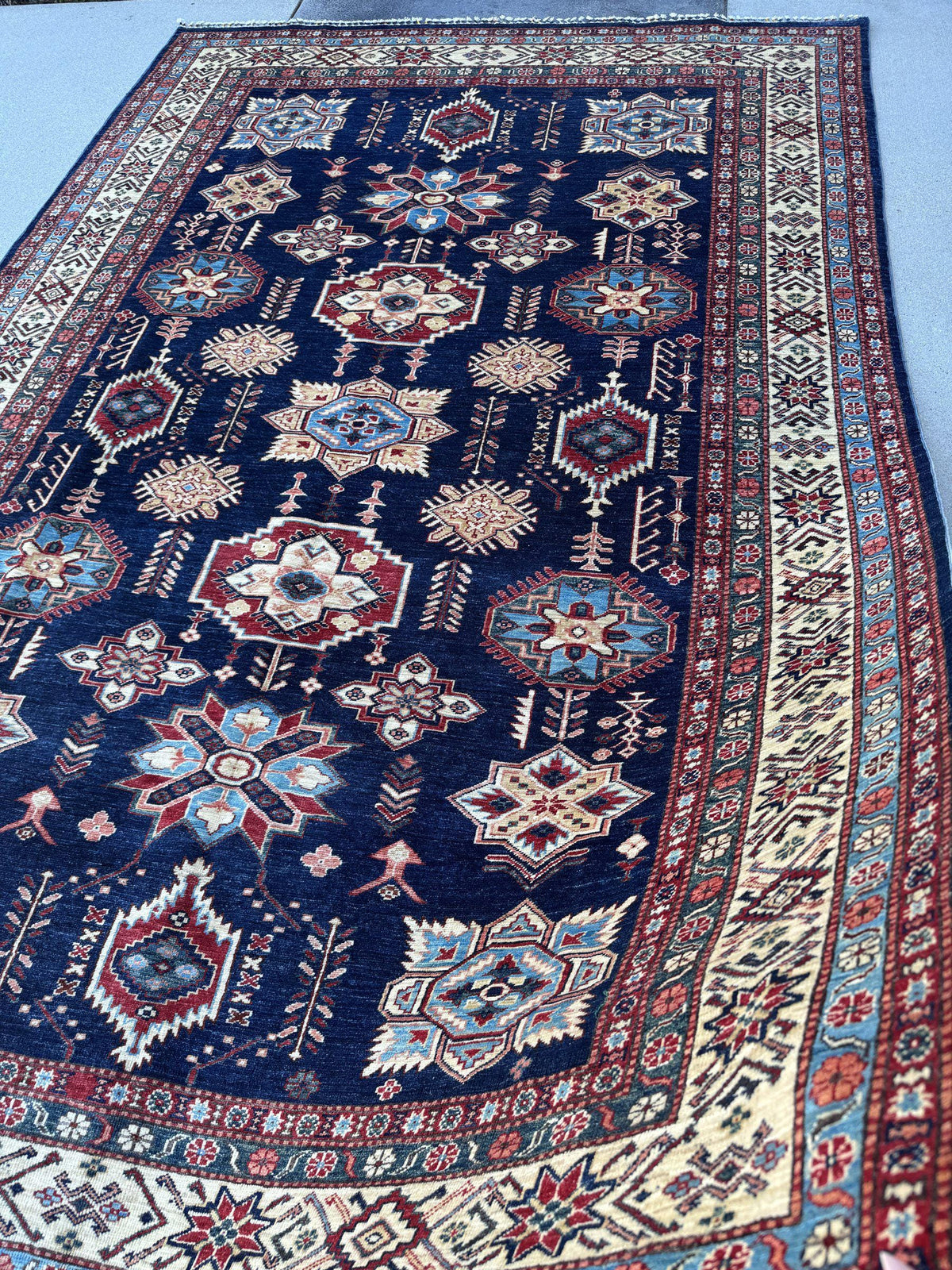 7x10 Handmade Afghan Wool Rug | Navy Blue and Ivory Kazak Geometric Area Rug | Brick Red Accents | Hand-Knotted Tribal Carpet
