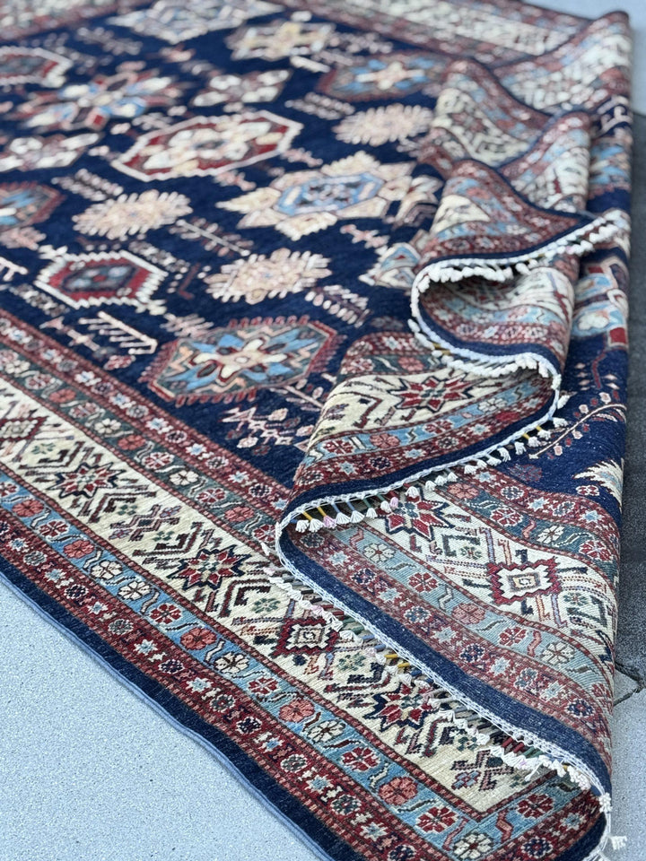 7x10 Handmade Afghan Wool Rug | Navy Blue and Ivory Kazak Geometric Area Rug | Brick Red Accents | Hand-Knotted Tribal Carpet