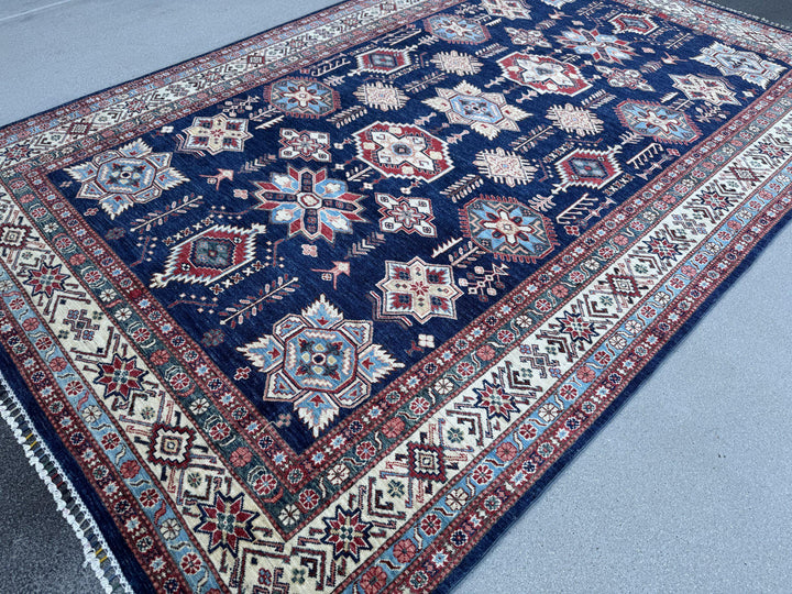 7x10 Handmade Afghan Wool Rug | Navy Blue and Ivory Kazak Geometric Area Rug | Brick Red Accents | Hand-Knotted Tribal Carpet