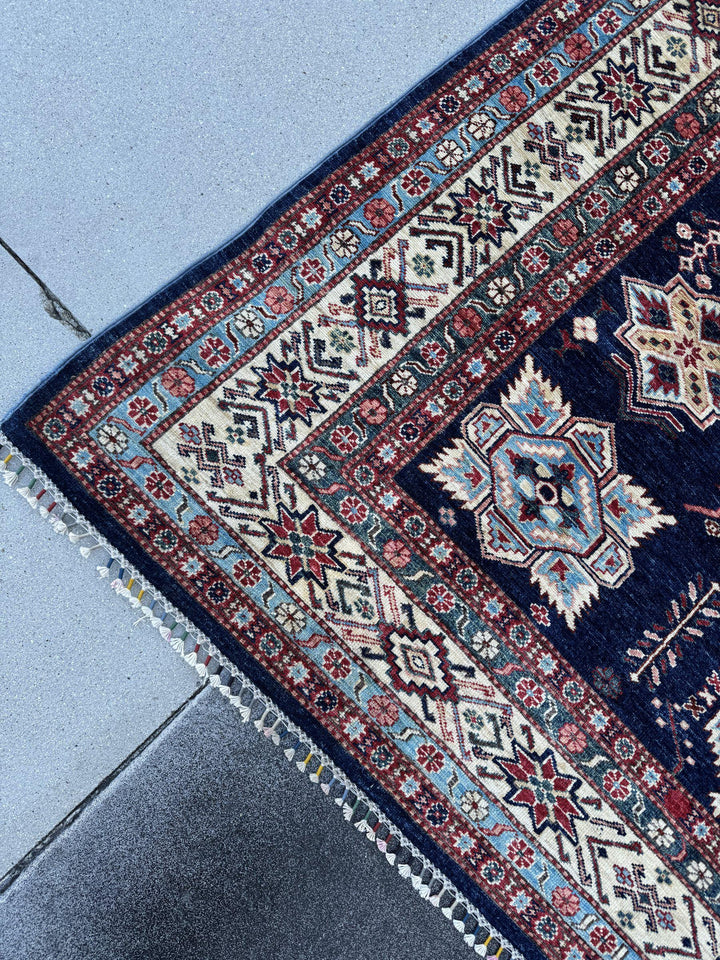 7x10 Handmade Afghan Wool Rug | Navy Blue and Ivory Kazak Geometric Area Rug | Brick Red Accents | Hand-Knotted Tribal Carpet