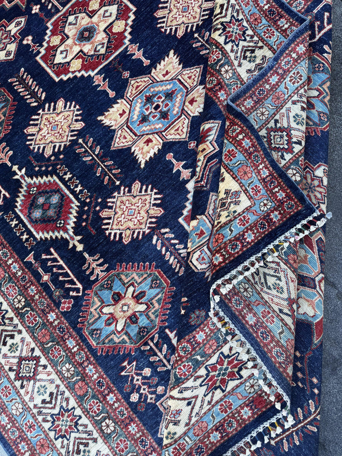 7x10 Handmade Afghan Wool Rug | Navy Blue and Ivory Kazak Geometric Area Rug | Brick Red Accents | Hand-Knotted Tribal Carpet
