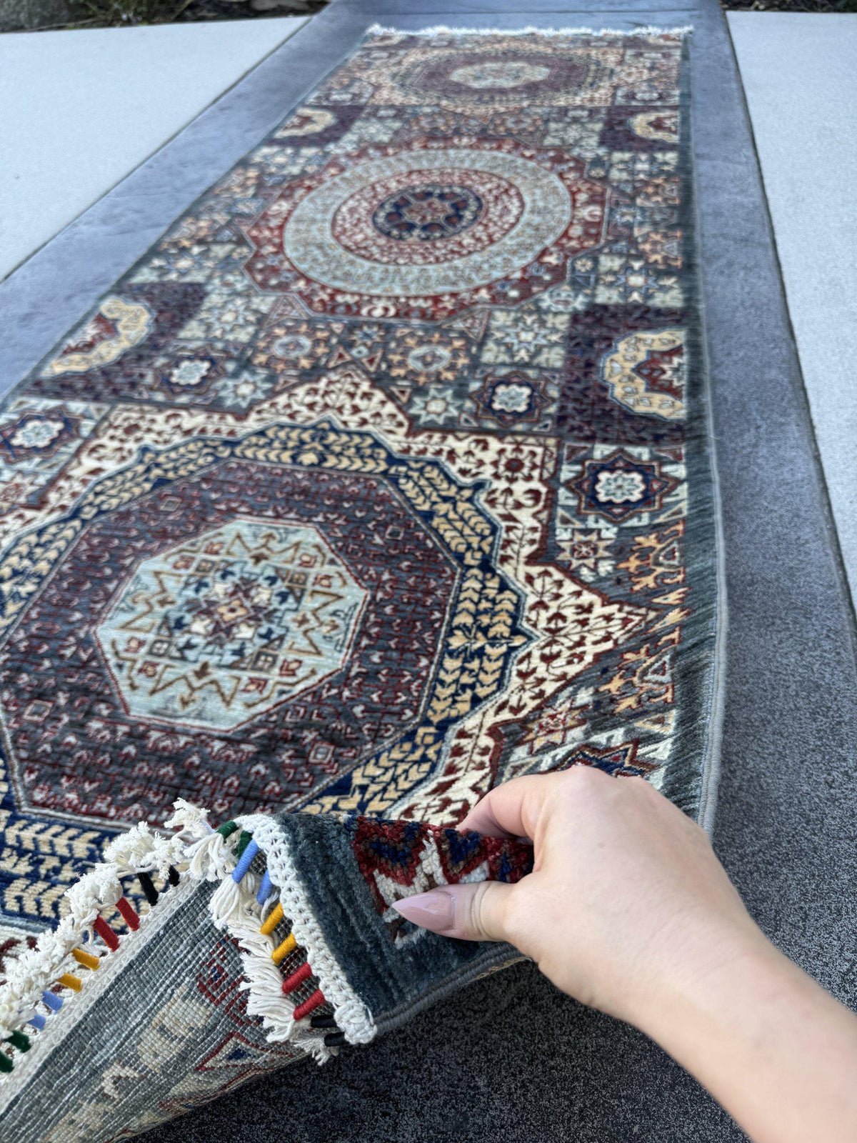 3x9 Handmade Afghan Wool Runner Rug | Sage Grey and Ivory Mamluk Medallion Hallway Runner | Fine Hand-Knotted Carpet