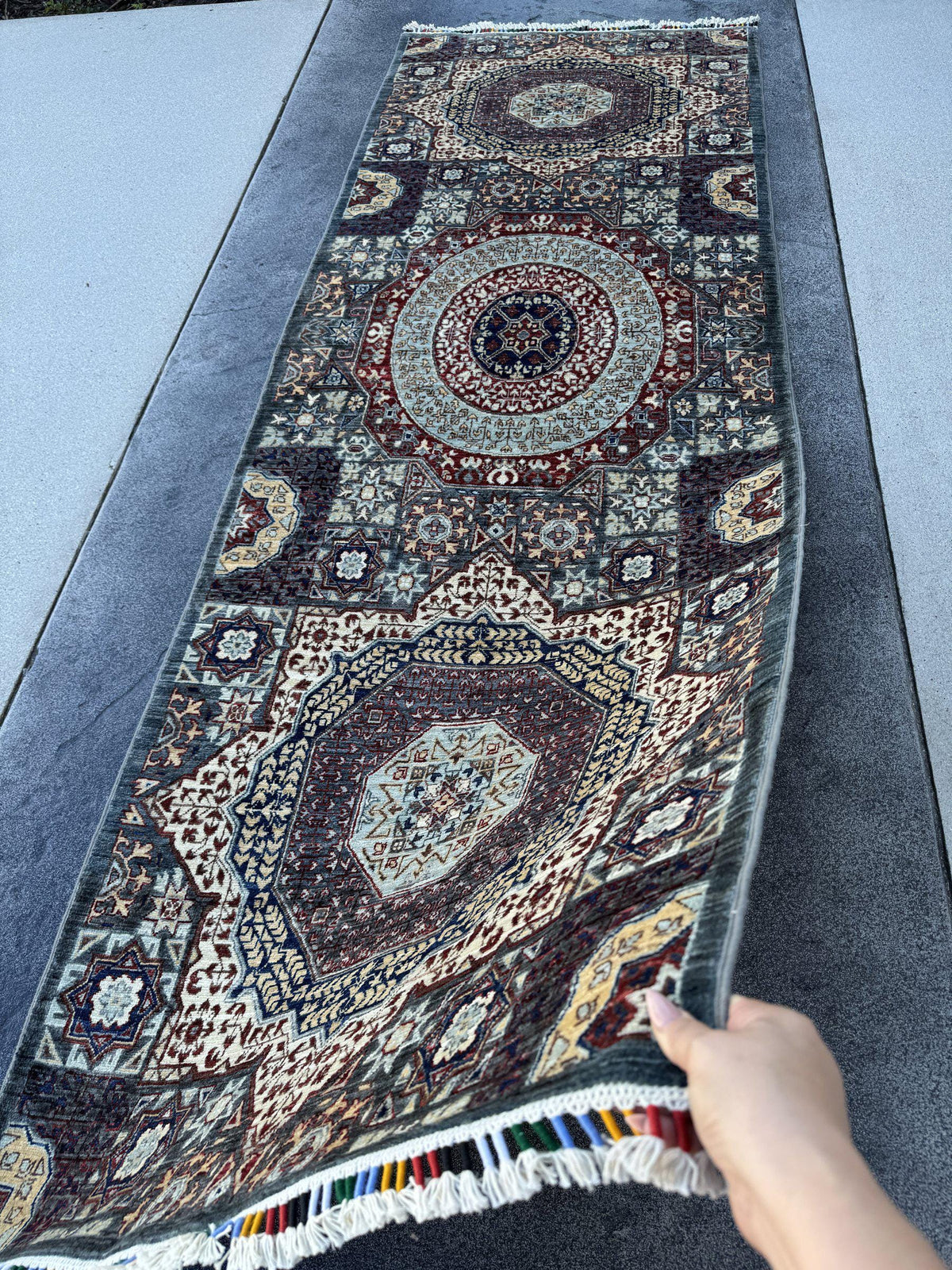 3x9 Handmade Afghan Wool Runner Rug | Sage Grey and Ivory Mamluk Medallion Hallway Runner | Fine Hand-Knotted Carpet