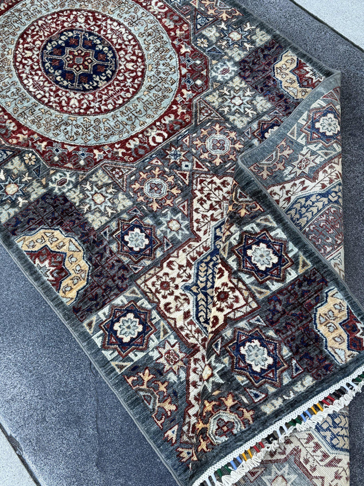 3x9 Handmade Afghan Wool Runner Rug | Sage Grey and Ivory Mamluk Medallion Hallway Runner | Fine Hand-Knotted Carpet