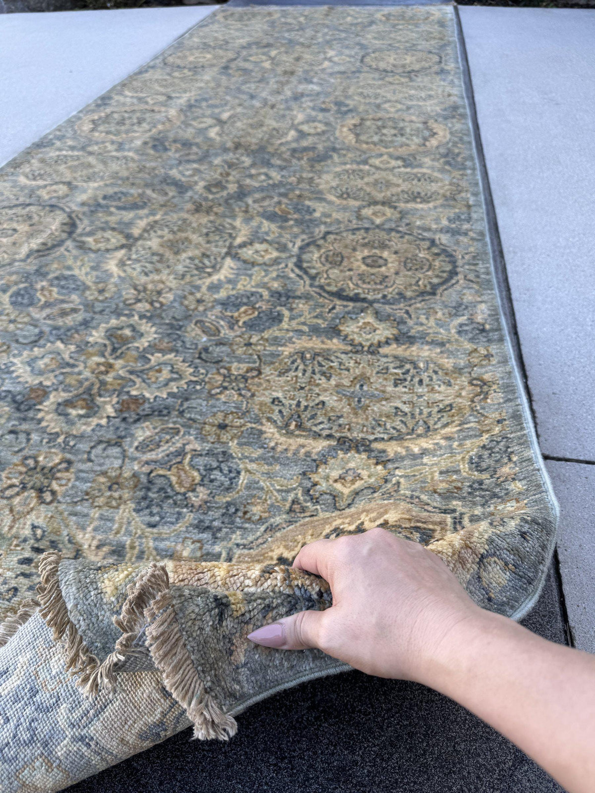 4x12 Handmade Afghan Wool Wide Runner Rug | Muted Blue Grey and Gold Floral Hallway Runner | Hand-Knotted Gallery Carpet