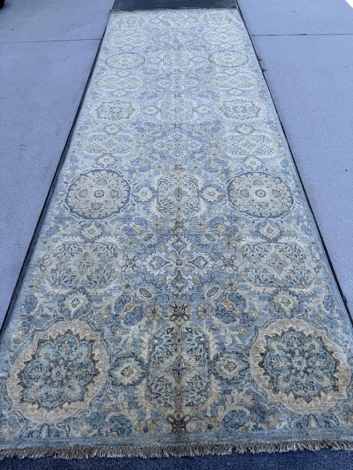 4x12 Handmade Afghan Wool Wide Runner Rug | Muted Blue Grey and Gold Floral Hallway Runner | Hand-Knotted Gallery Carpet