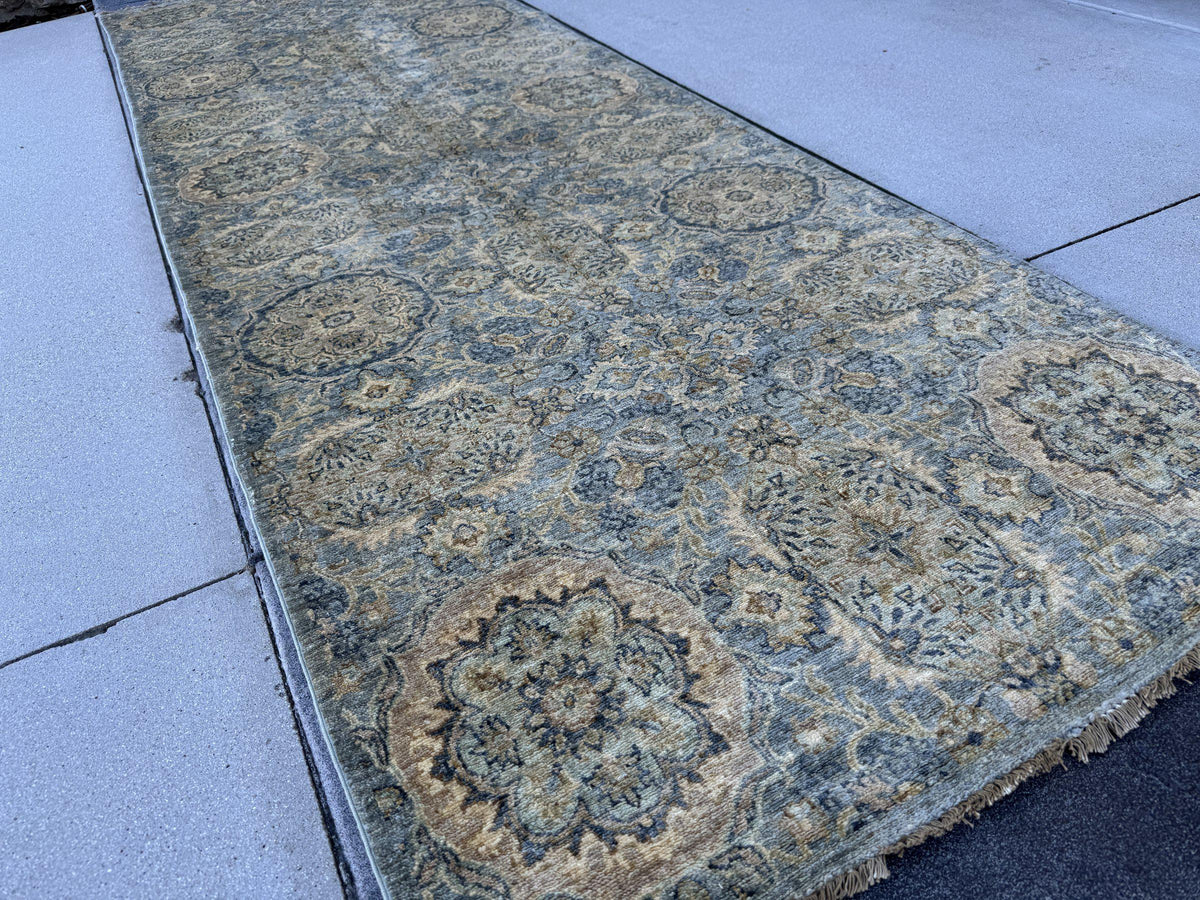 4x12 Handmade Afghan Wool Wide Runner Rug | Muted Blue Grey and Gold Floral Hallway Runner | Hand-Knotted Gallery Carpet