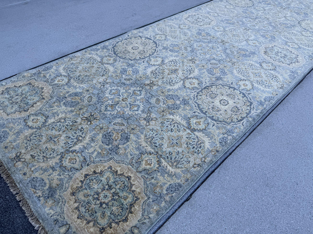 4x12 Handmade Afghan Wool Wide Runner Rug | Muted Blue Grey and Gold Floral Hallway Runner | Hand-Knotted Gallery Carpet