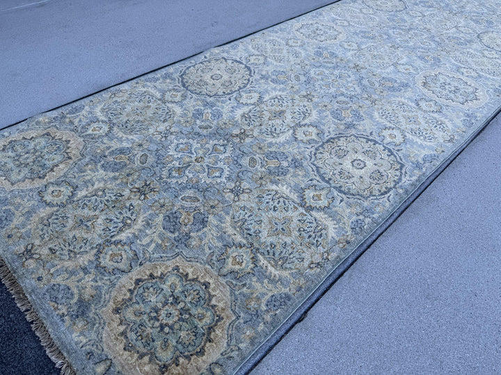 4x12 Handmade Afghan Wool Wide Runner Rug | Muted Blue Grey and Gold Floral Hallway Runner | Hand-Knotted Gallery Carpet