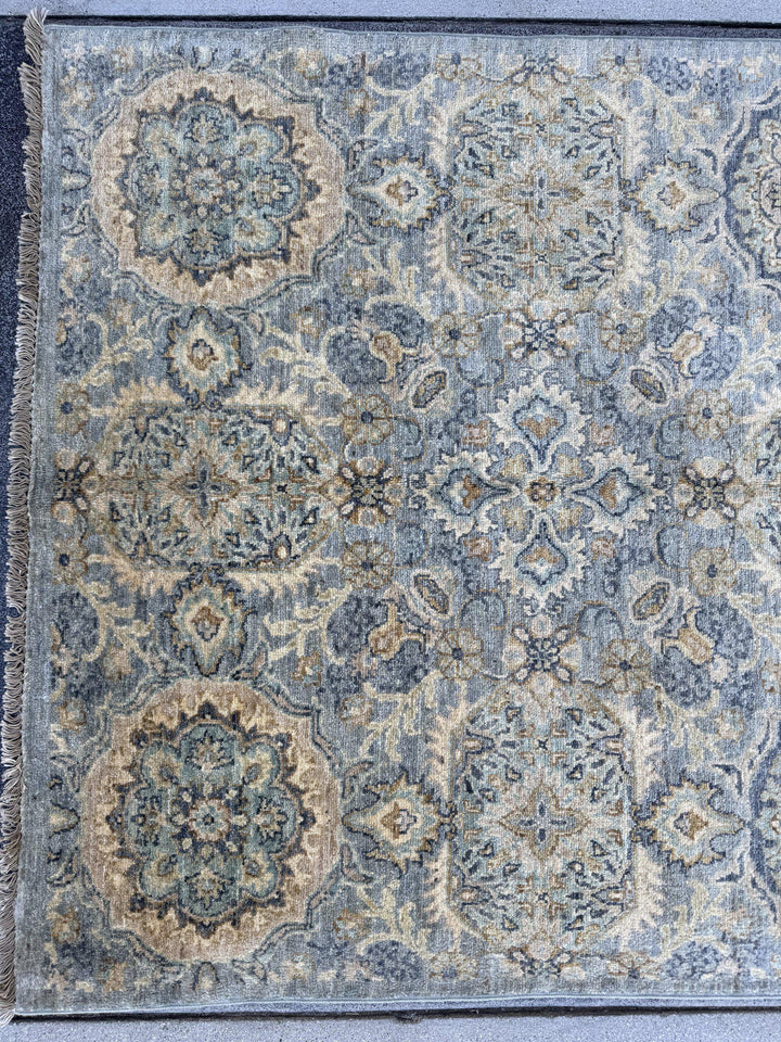 4x12 Handmade Afghan Wool Wide Runner Rug | Muted Blue Grey and Gold Floral Hallway Runner | Hand-Knotted Gallery Carpet