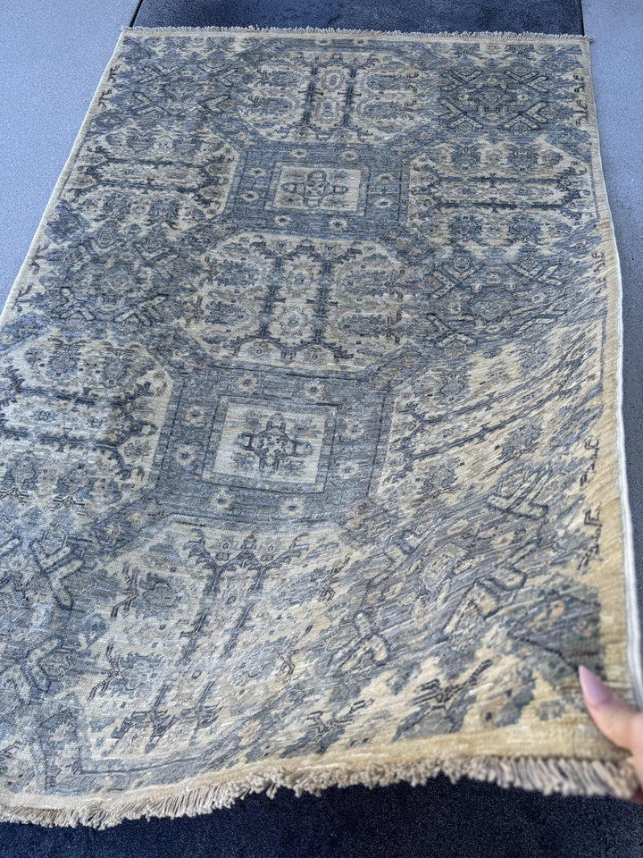 4x6 Handmade Afghan Wool Rug | Muted Blue Grey and Cream Geometric Medallion Area Rug | Soft Faded Look | Hand-Knotted Carpet