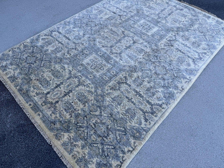4x6 Handmade Afghan Wool Rug | Muted Blue Grey and Cream Geometric Medallion Area Rug | Soft Faded Look | Hand-Knotted Carpet