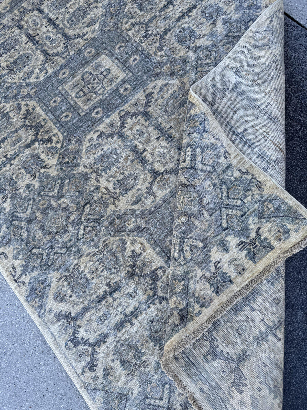 4x6 Handmade Afghan Wool Rug | Muted Blue Grey and Cream Geometric Medallion Area Rug | Soft Faded Look | Hand-Knotted Carpet