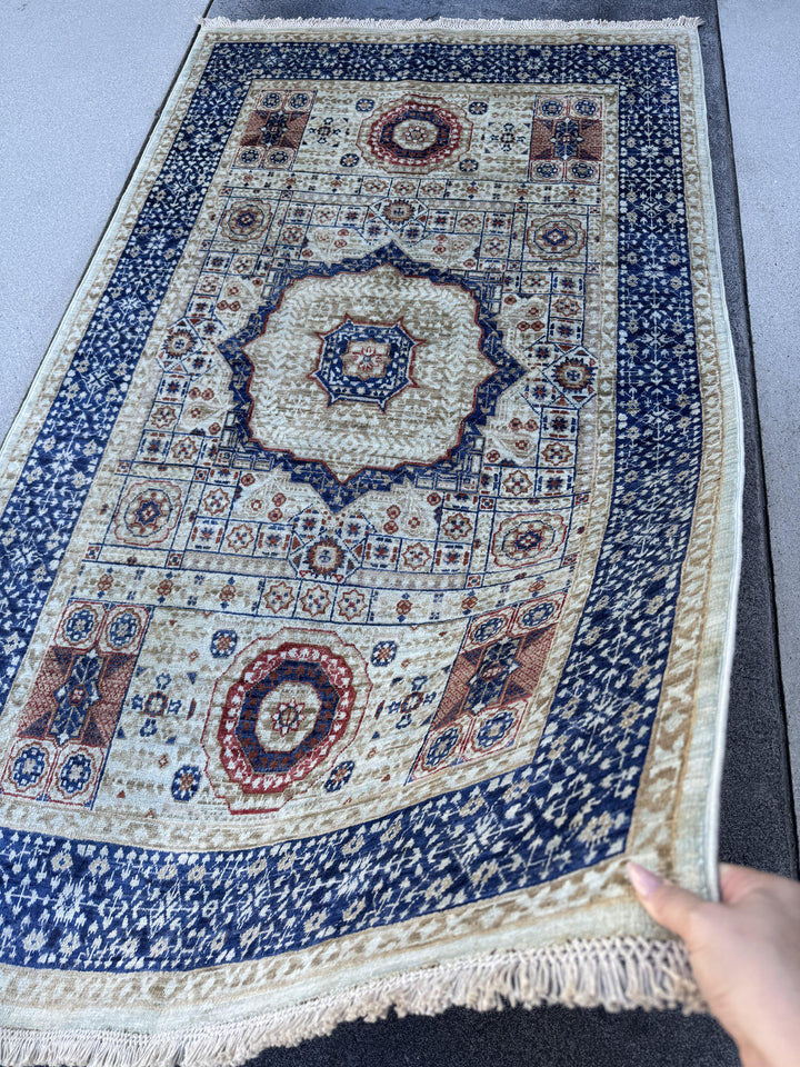4x7 Handmade Afghan Wool Rug | Ivory and Royal Blue Mamluk Medallion Area Rug | Rust and Navy Accents | Hand-Knotted Geometric Carpet