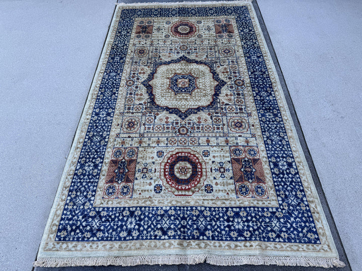 4x7 Handmade Afghan Wool Rug | Ivory and Royal Blue Mamluk Medallion Area Rug | Rust and Navy Accents | Hand-Knotted Geometric Carpet