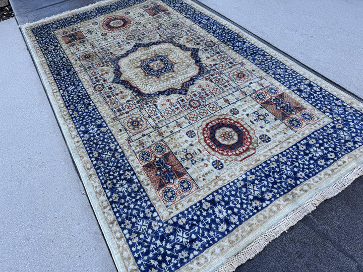 4x7 Handmade Afghan Wool Rug | Ivory and Royal Blue Mamluk Medallion Area Rug | Rust and Navy Accents | Hand-Knotted Geometric Carpet