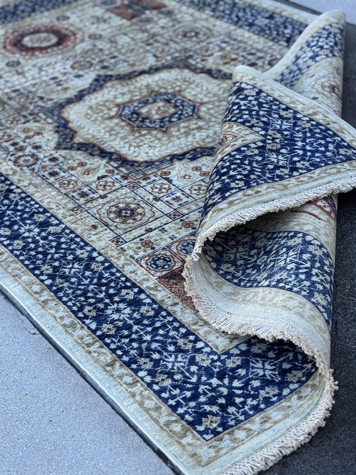 4x7 Handmade Afghan Wool Rug | Ivory and Royal Blue Mamluk Medallion Area Rug | Rust and Navy Accents | Hand-Knotted Geometric Carpet
