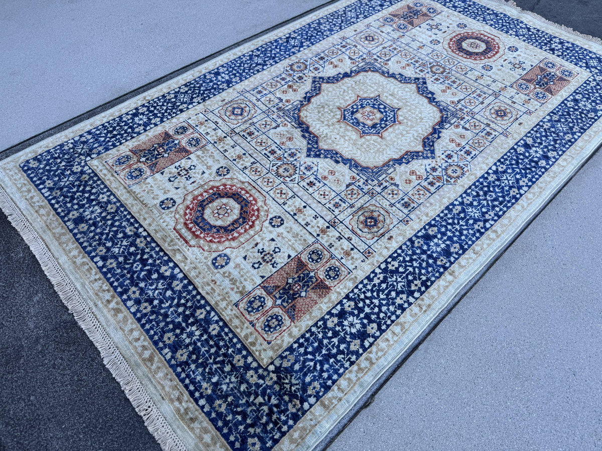4x7 Handmade Afghan Wool Rug | Ivory and Royal Blue Mamluk Medallion Area Rug | Rust and Navy Accents | Hand-Knotted Geometric Carpet