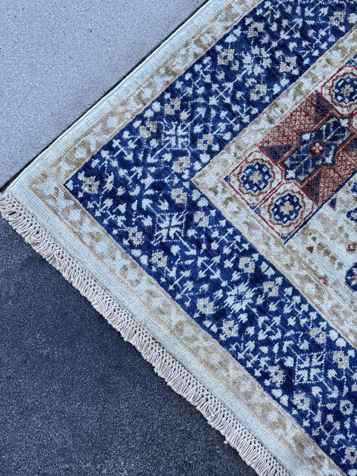 4x7 Handmade Afghan Wool Rug | Ivory and Royal Blue Mamluk Medallion Area Rug | Rust and Navy Accents | Hand-Knotted Geometric Carpet