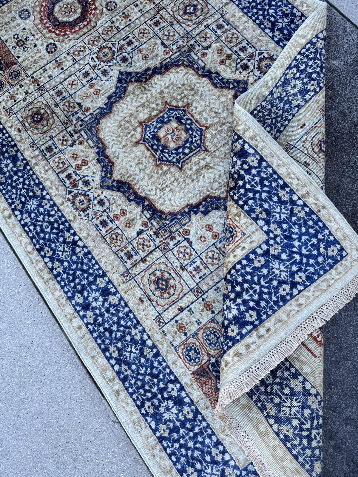 4x7 Handmade Afghan Wool Rug | Ivory and Royal Blue Mamluk Medallion Area Rug | Rust and Navy Accents | Hand-Knotted Geometric Carpet