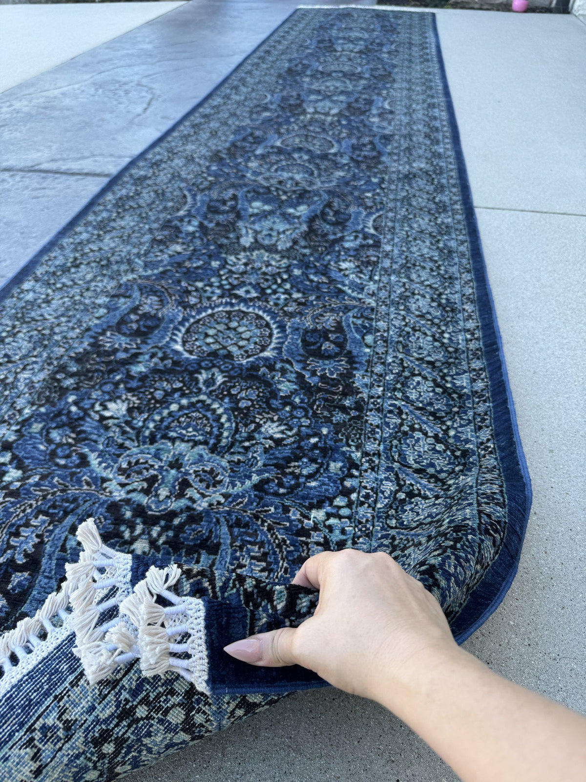 3x14 Handmade Afghan Wool Runner Rug | Midnight Blue and Sky Blue Floral Hallway Runner | Ivory Accents | Hand-Knotted Extra Long Carpet