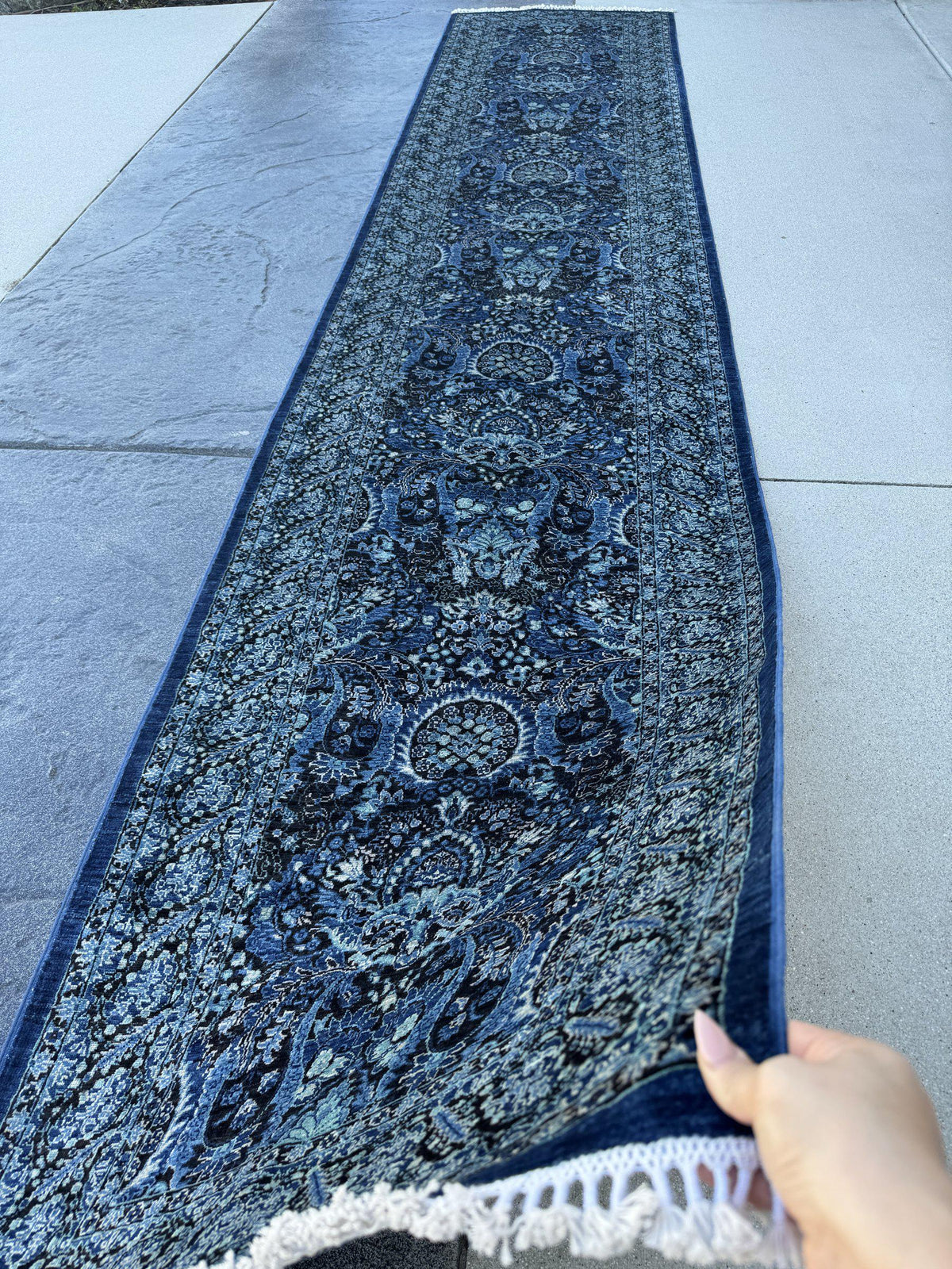 3x14 Handmade Afghan Wool Runner Rug | Midnight Blue and Sky Blue Floral Hallway Runner | Ivory Accents | Hand-Knotted Extra Long Carpet