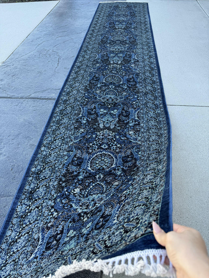 3x14 Handmade Afghan Wool Runner Rug | Midnight Blue and Sky Blue Floral Hallway Runner | Ivory Accents | Hand-Knotted Extra Long Carpet