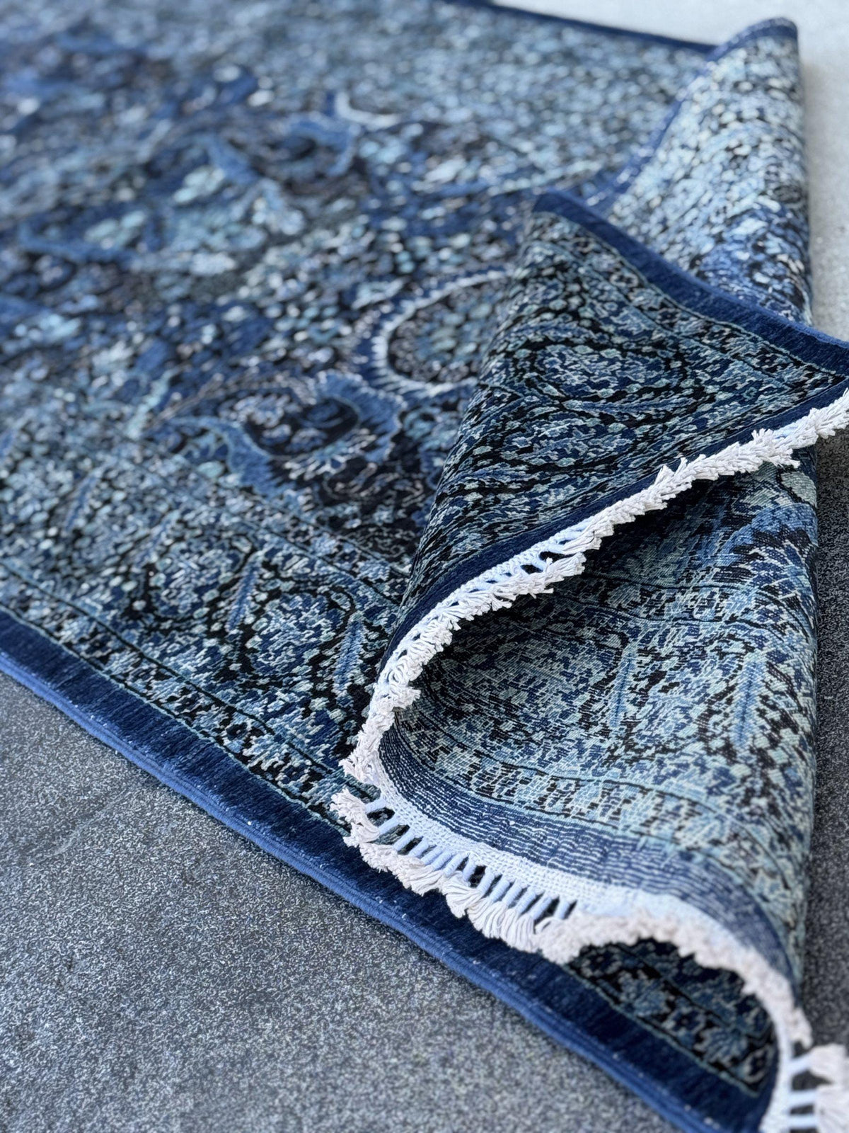 3x14 Handmade Afghan Wool Runner Rug | Midnight Blue and Sky Blue Floral Hallway Runner | Ivory Accents | Hand-Knotted Extra Long Carpet