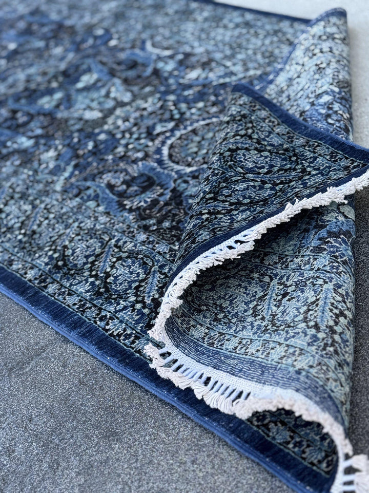 3x14 Handmade Afghan Wool Runner Rug | Midnight Blue and Sky Blue Floral Hallway Runner | Ivory Accents | Hand-Knotted Extra Long Carpet