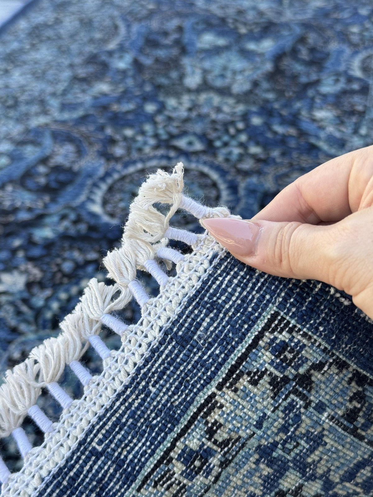3x14 Handmade Afghan Wool Runner Rug | Midnight Blue and Sky Blue Floral Hallway Runner | Ivory Accents | Hand-Knotted Extra Long Carpet