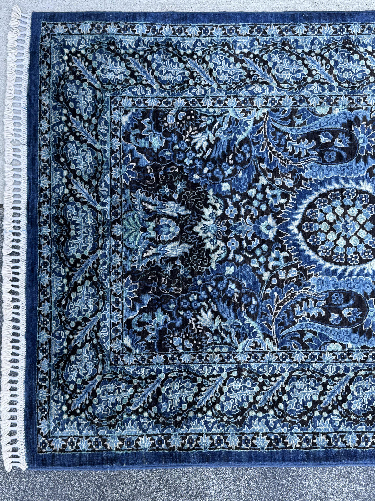 3x14 Handmade Afghan Wool Runner Rug | Midnight Blue and Sky Blue Floral Hallway Runner | Ivory Accents | Hand-Knotted Extra Long Carpet