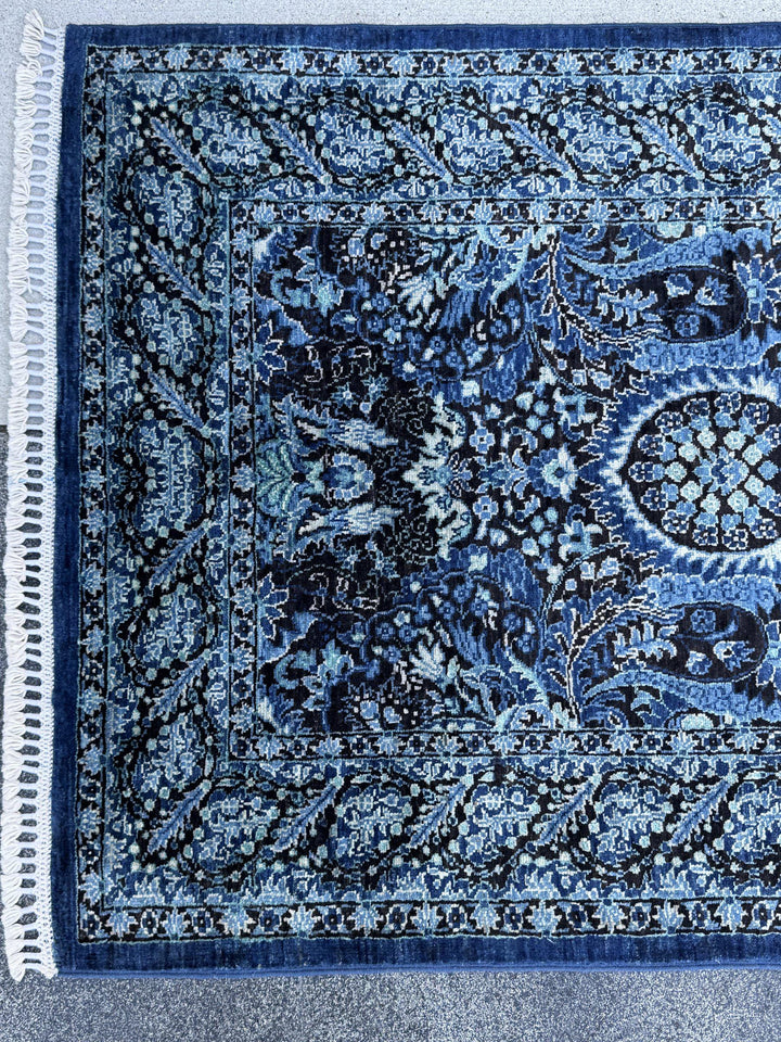 3x14 Handmade Afghan Wool Runner Rug | Midnight Blue and Sky Blue Floral Hallway Runner | Ivory Accents | Hand-Knotted Extra Long Carpet