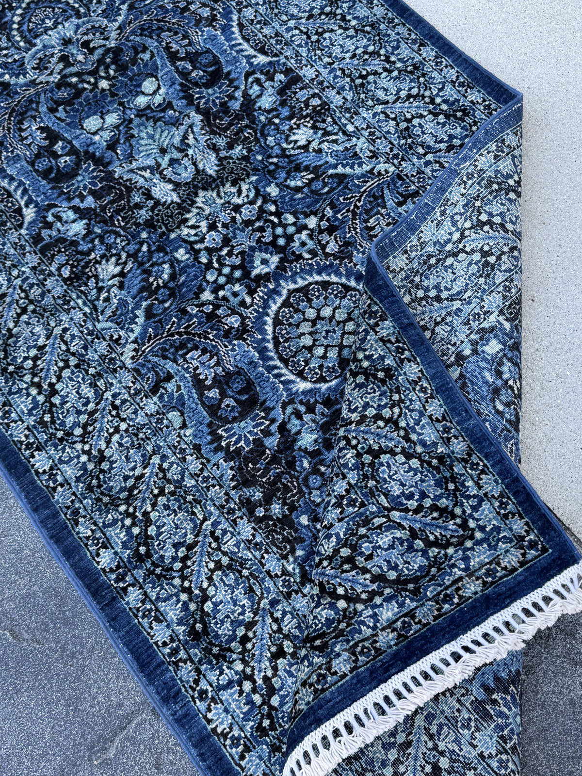 3x14 Handmade Afghan Wool Runner Rug | Midnight Blue and Sky Blue Floral Hallway Runner | Ivory Accents | Hand-Knotted Extra Long Carpet