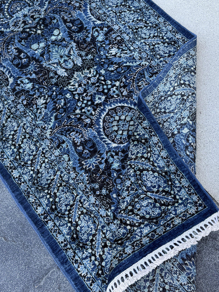 3x14 Handmade Afghan Wool Runner Rug | Midnight Blue and Sky Blue Floral Hallway Runner | Ivory Accents | Hand-Knotted Extra Long Carpet