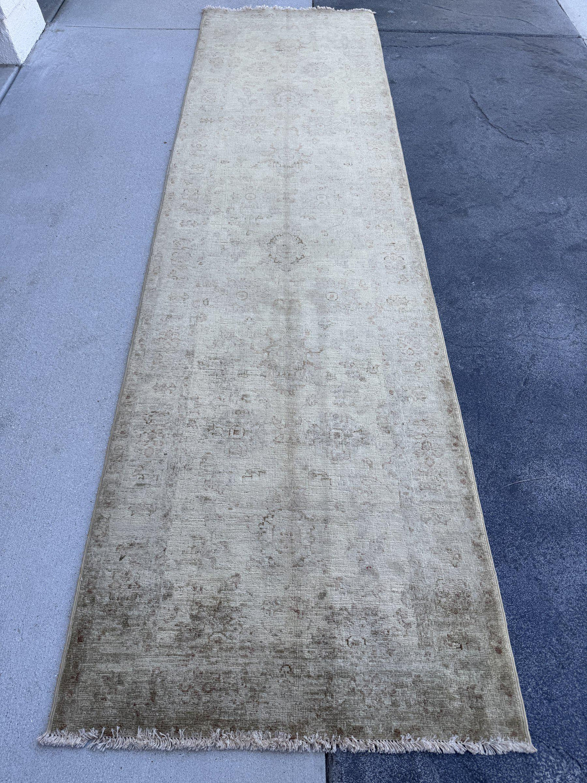 3x10 Handmade Afghan Wool Runner Rug | Muted Beige and Tan Faded Floral Hallway Runner | Soft Neutral Oushak Style | Hand-Knotted Carpet