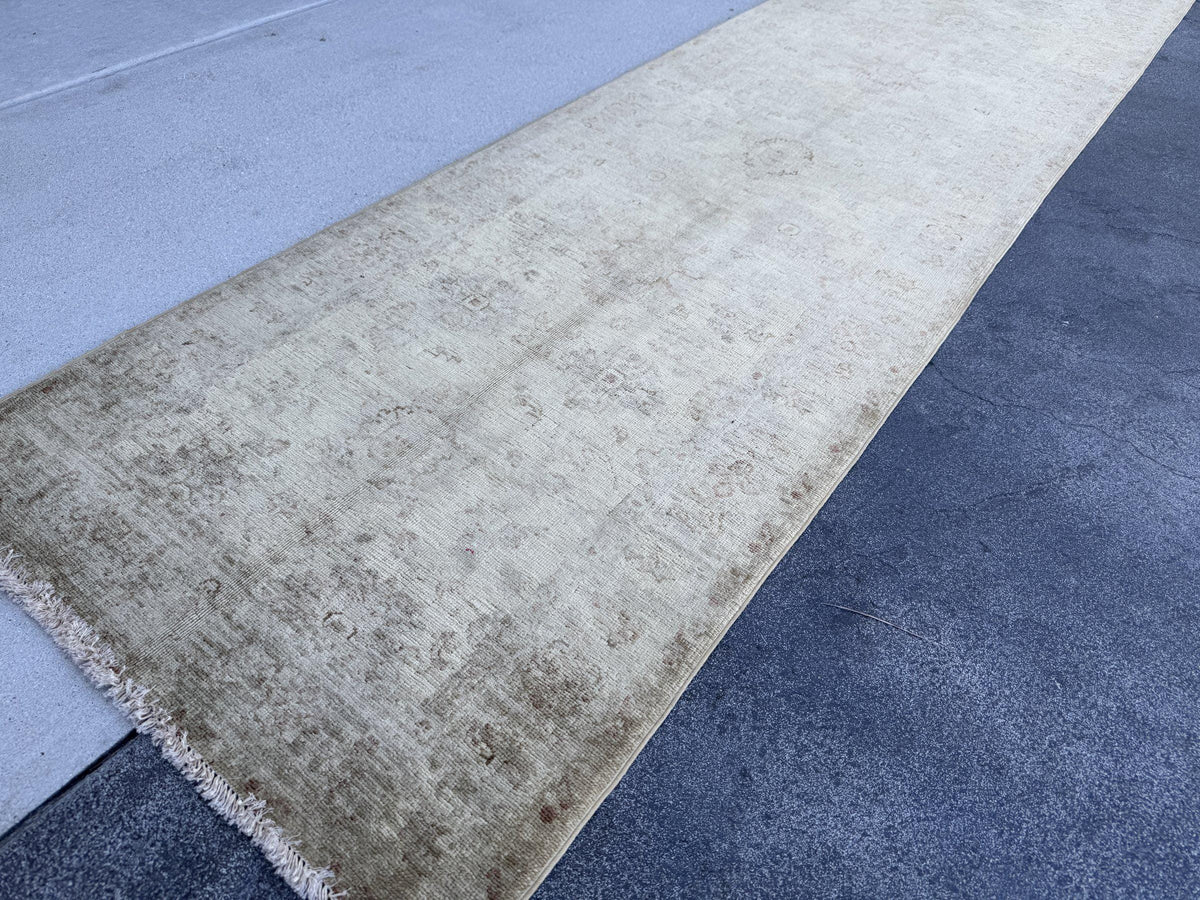 3x10 Handmade Afghan Wool Runner Rug | Muted Beige and Tan Faded Floral Hallway Runner | Soft Neutral Oushak Style | Hand-Knotted Carpet