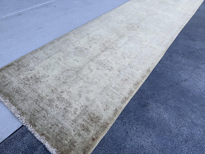 3x10 Handmade Afghan Wool Runner Rug | Muted Beige and Tan Faded Floral Hallway Runner | Soft Neutral Oushak Style | Hand-Knotted Carpet