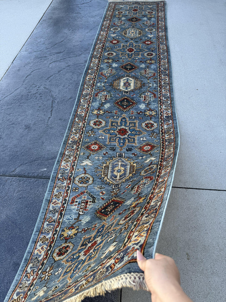 3x12 Handmade Afghan Wool Runner Rug | Powder Blue Tribal Geometric Hallway Runner | Ivory Border with Red Accents | Hand-Knotted Carpet