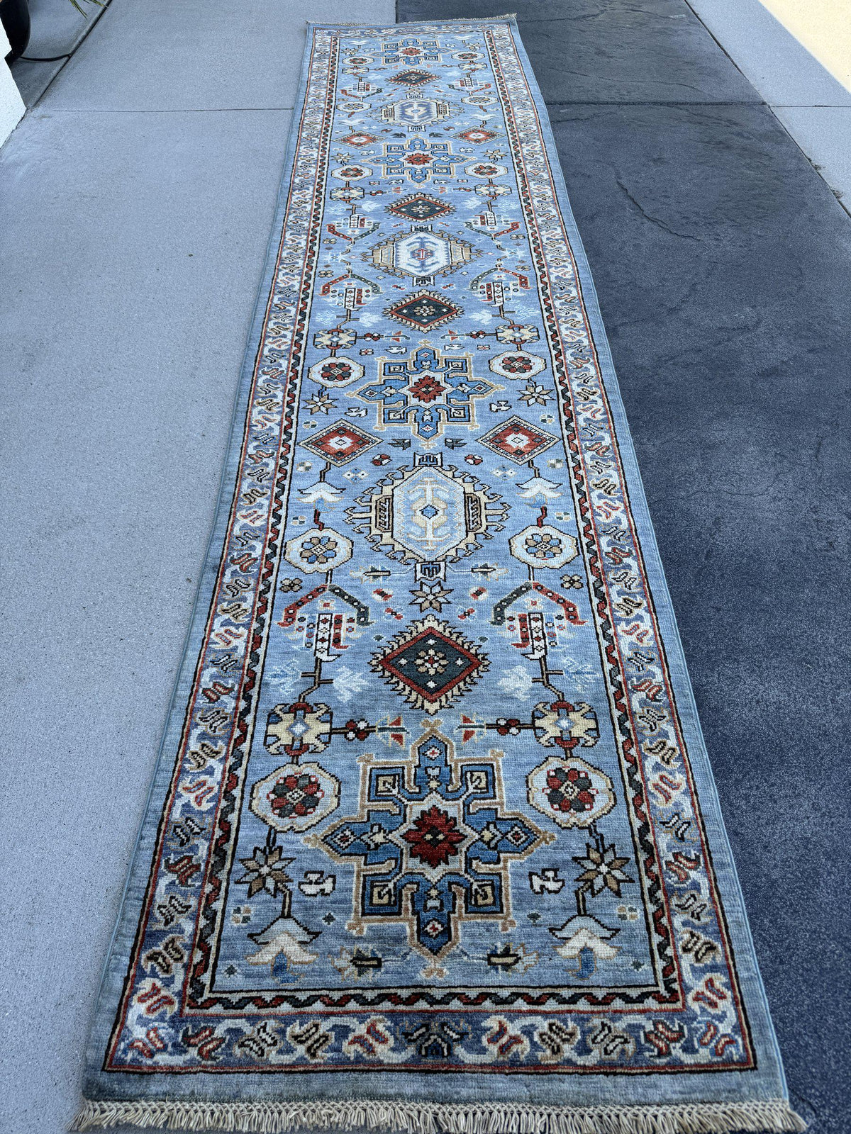 3x12 Handmade Afghan Wool Runner Rug | Powder Blue Tribal Geometric Hallway Runner | Ivory Border with Red Accents | Hand-Knotted Carpet
