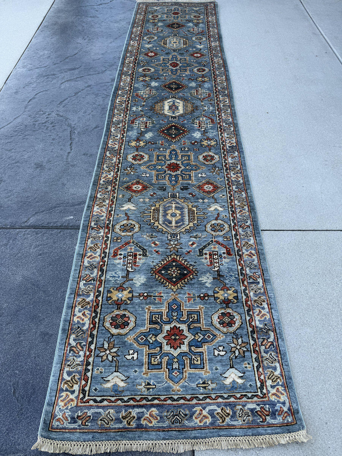 3x12 Handmade Afghan Wool Runner Rug | Powder Blue Tribal Geometric Hallway Runner | Ivory Border with Red Accents | Hand-Knotted Carpet