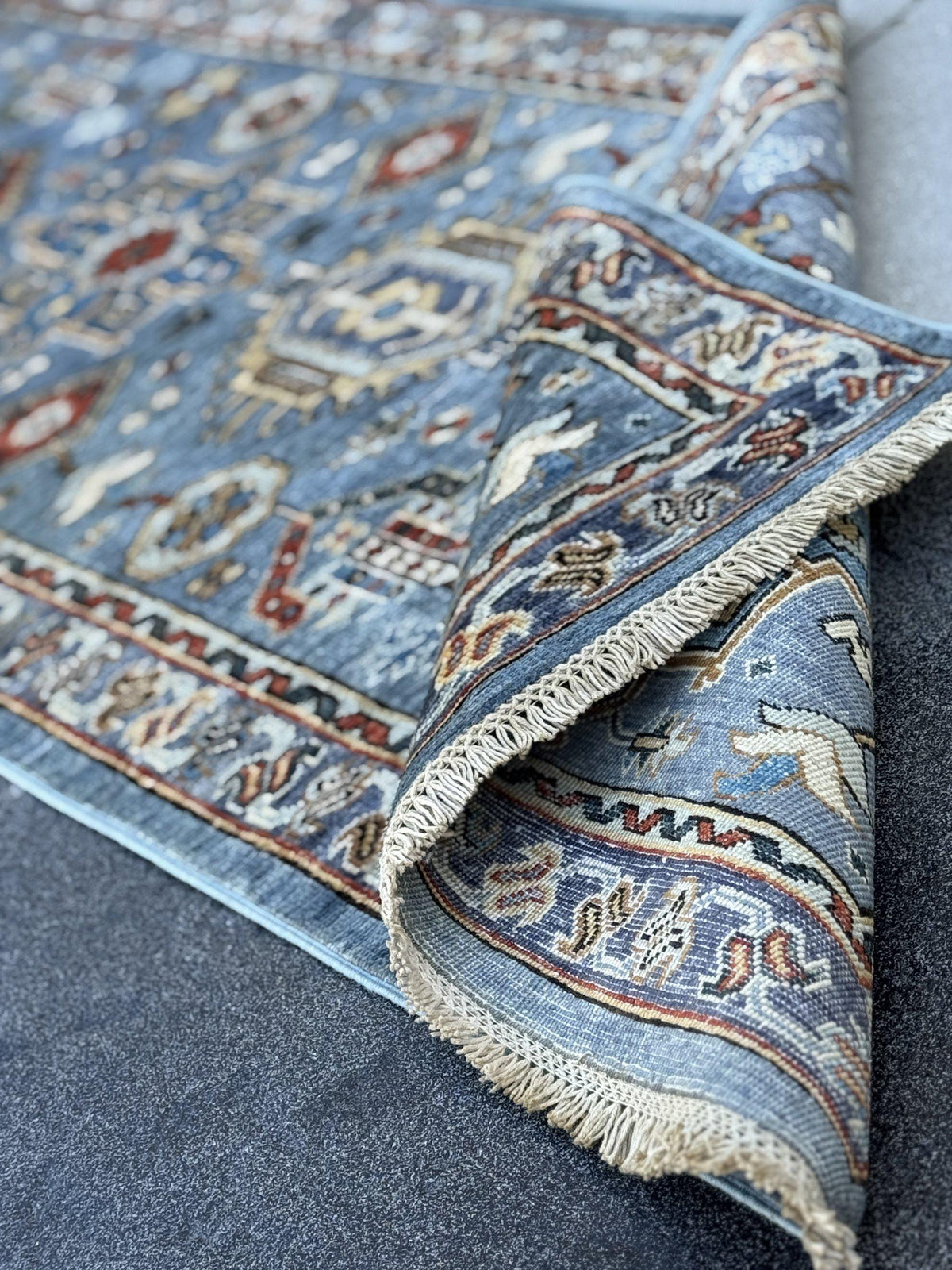 3x12 Handmade Afghan Wool Runner Rug | Powder Blue Tribal Geometric Hallway Runner | Ivory Border with Red Accents | Hand-Knotted Carpet